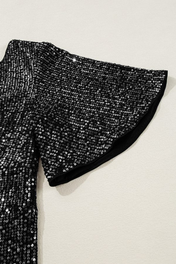 Black Sequin V Neck Flutter Sleeve Wide Leg Jumpsuit - Image 7