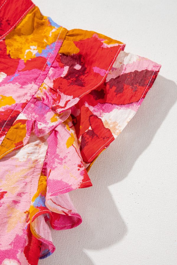 Red Abstract Print Split V Neck Ruffle Short Sleeve Blouse - Image 6