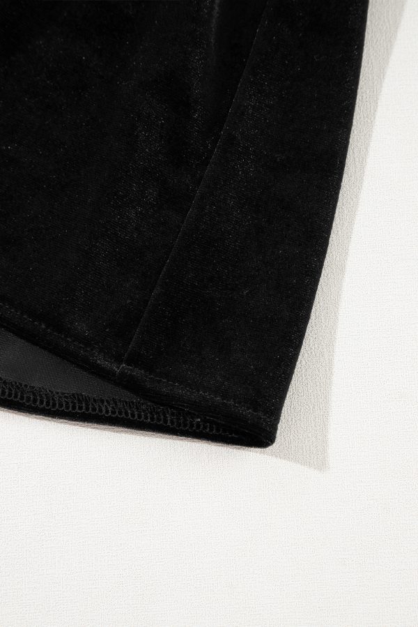 Black Velvet Buttoned Puff Sleeve V Neck Split Midi Dress - Image 8