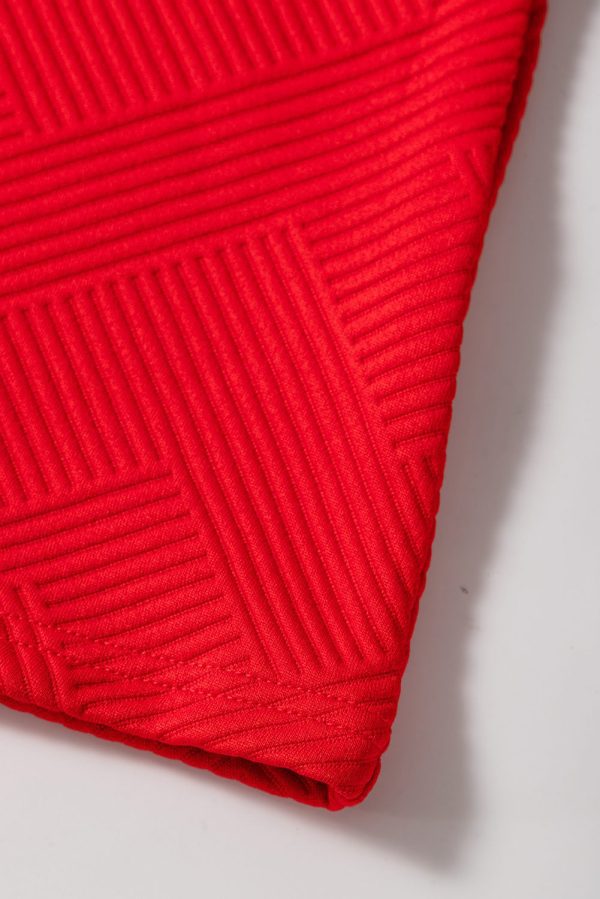 Fiery Red Textured Collared V Neck Puff Short Sleeve Shift Mini Dress - Image 6