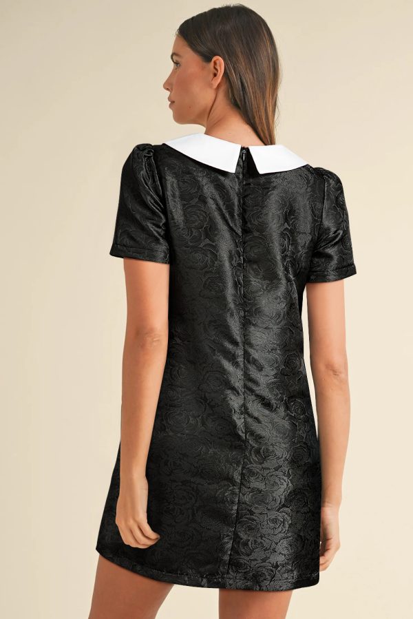 Black Floral Embossed Puff Sleeve Colorblock Bow Collared Mini Dress - Image 2