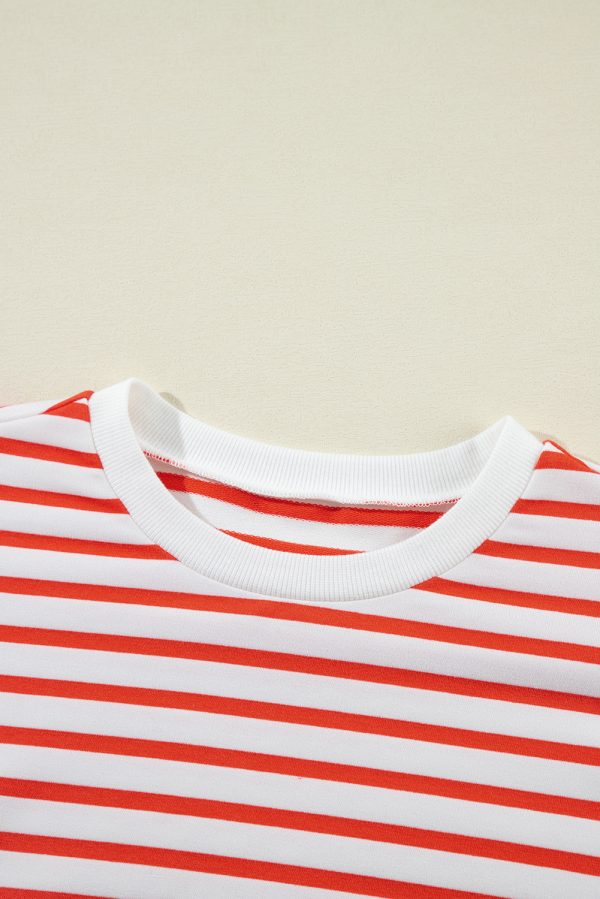 Orange Stripe Drop Shoulder Crew Neck Loose Sweatshirt - Image 8
