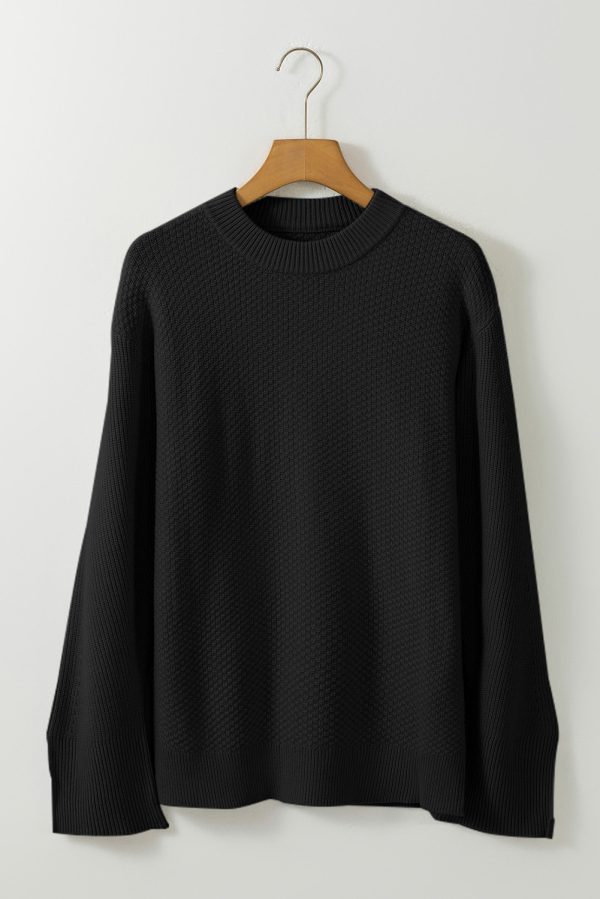 Parchment Solid Textured Knit Split Cuff Drop Shoulder Loose Sweater - Image 12
