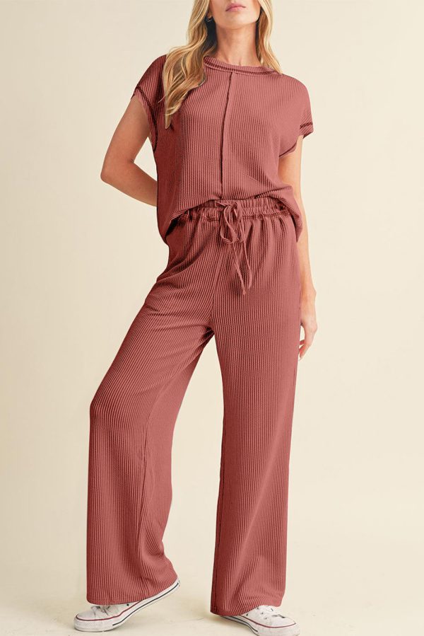 Navy Blue Solid Color Corded Short Sleeve Top and Casual Pants Set - Image 18