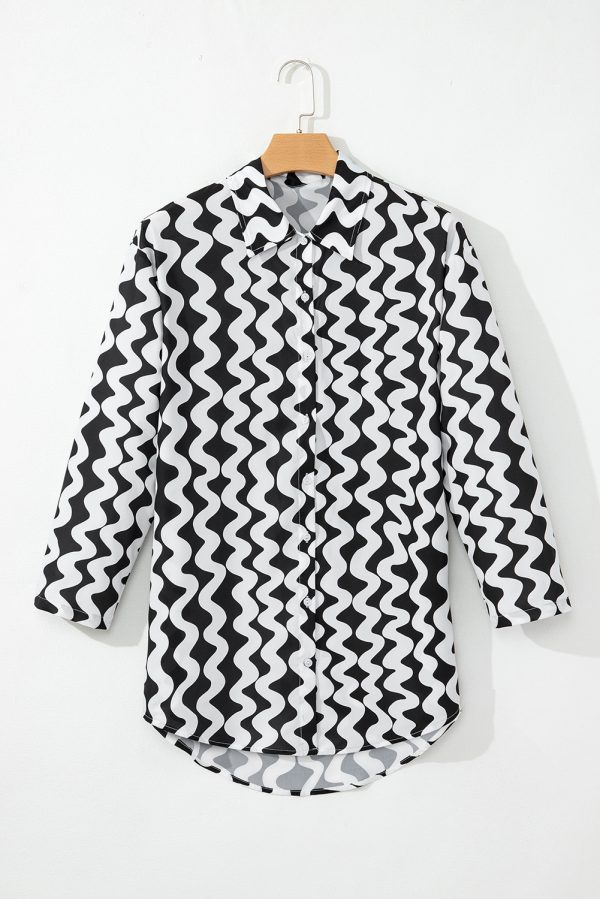 Black Stripe Print Loose Fit Open Front Beach Cover Up - Image 10