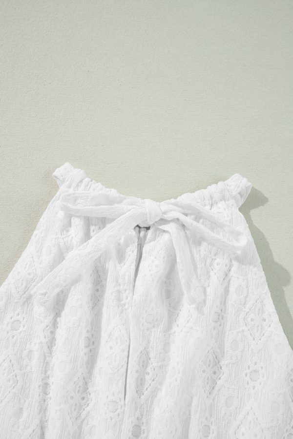 White Lace Sleeveless Knot Hollow Out Back Tied Waist Mini Dress - Image 10