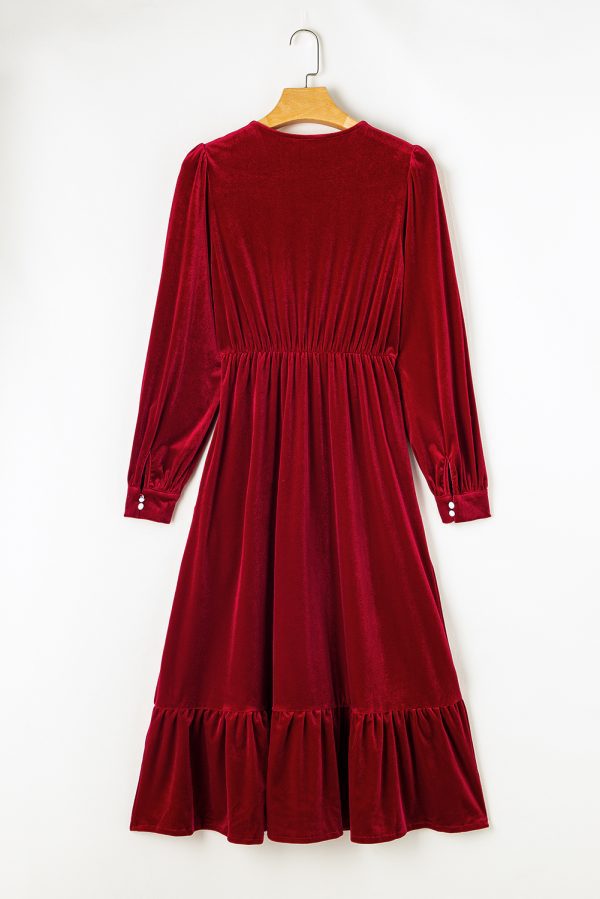 Black Velvet Buttoned Puff Sleeve V Neck Split Midi Dress - Image 14