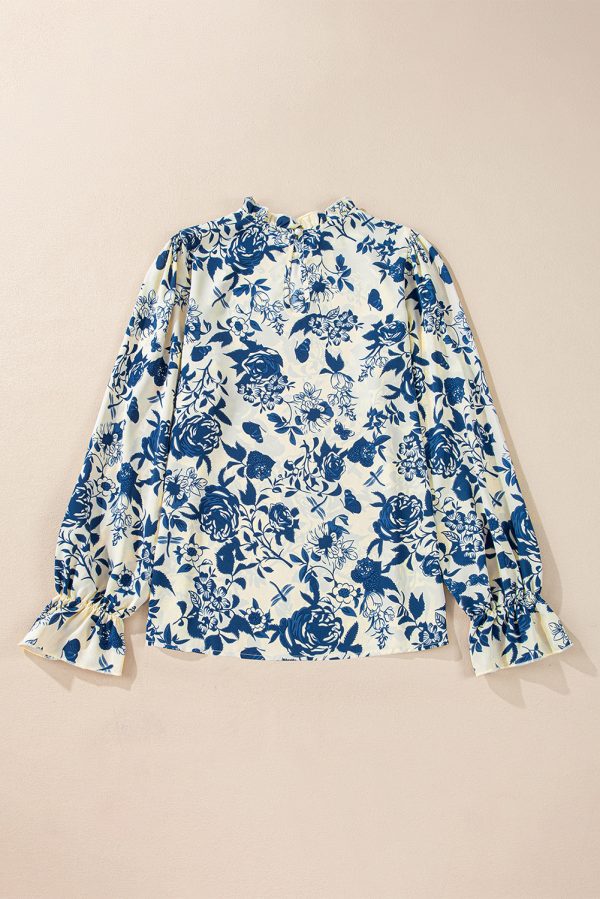 Sky Blue Floral Print Flounce Sleeve Keyhole Back Blouse - Image 5