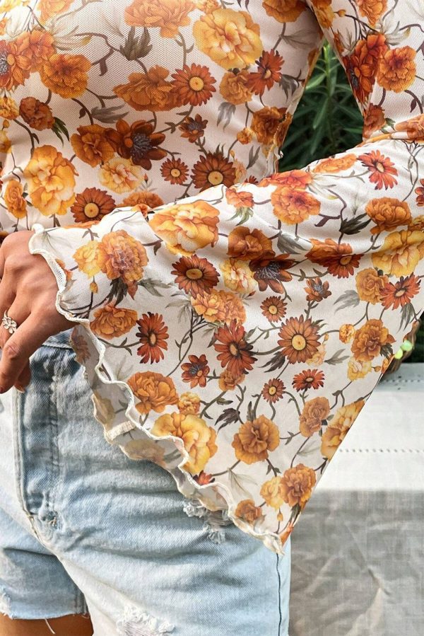 Orange Floral Printed Bell Sleeve Mock Neck Scallop Trim Blouse - Image 4