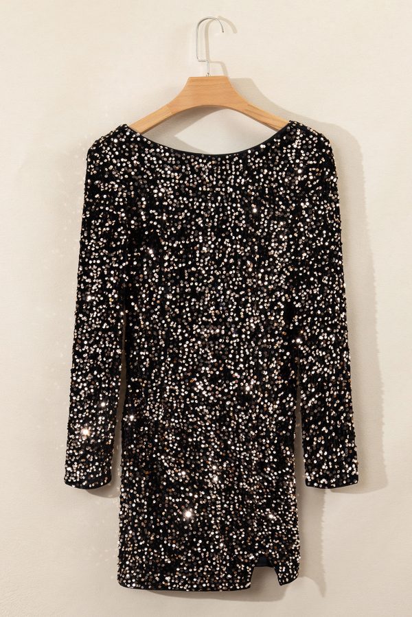 Chestnut Sequin Crew Neck Long Sleeve Bodycon Dress - Image 7