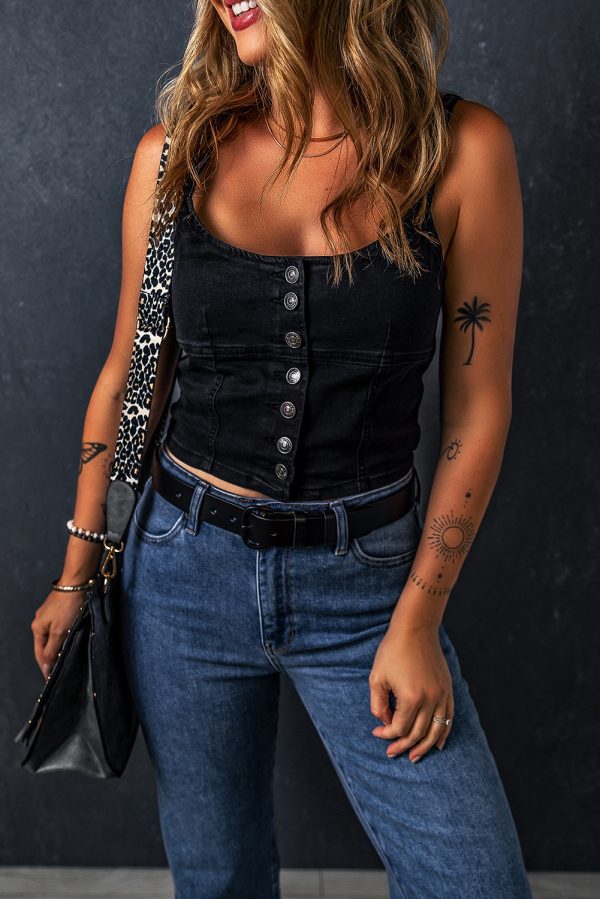 Black Acid Wash Buttoned Cropped Slim Denim Tank Top - Image 3