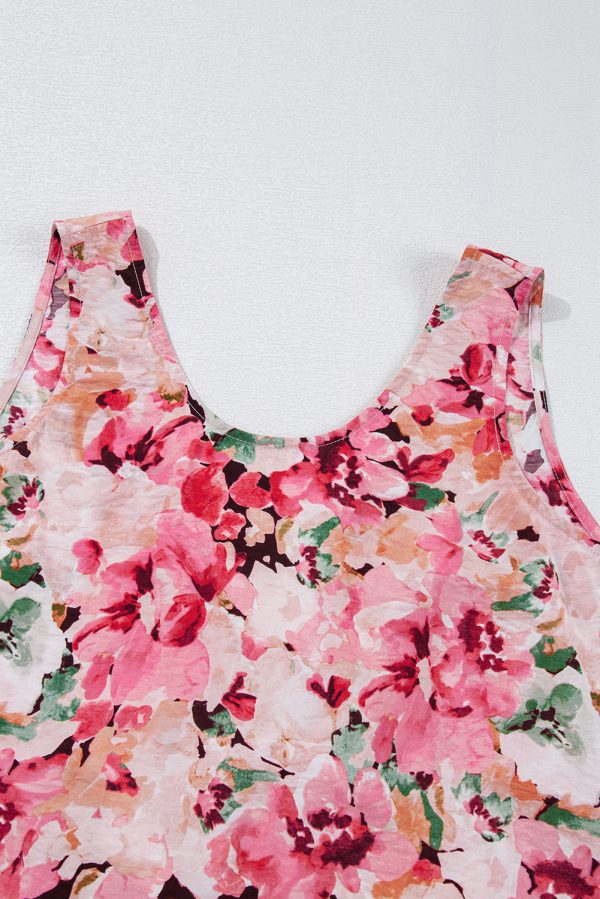 Pink Floral Round Neck Twisted Cut Out Back Tank Top - Image 13