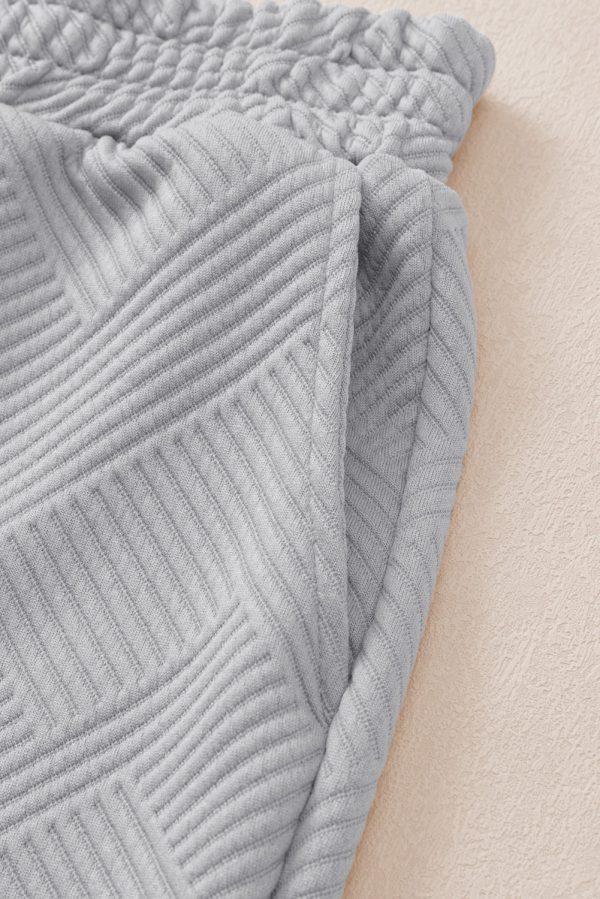 Light Grey Solid Textured Collared V Neck Top and Wide Leg Pants Set - Image 12