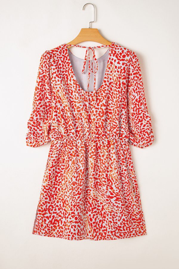 Tomato Red Leopard Print Long Sleeve Hollowed Back Split Mini Dress - Image 5