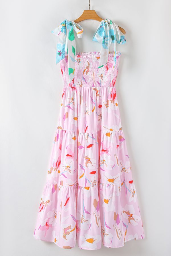 Pink Floral Print Knotted Shoulder Smocked Maxi Dress - Image 9