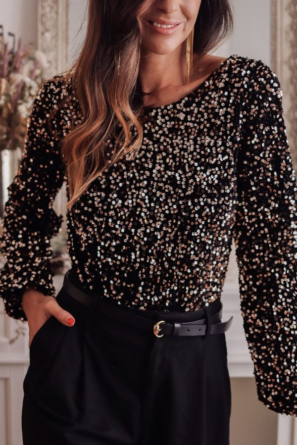 Black Deep V Back Sequin Puff Sleeve Bodysuit - Image 2