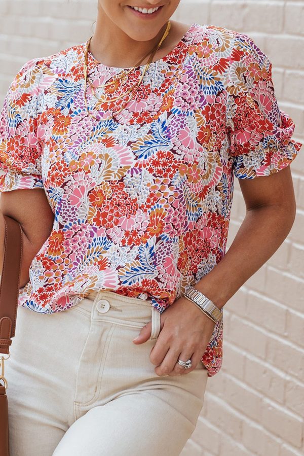 Multicolor Mix Floral Pattern Bubble Sleeve Blouse - Image 5