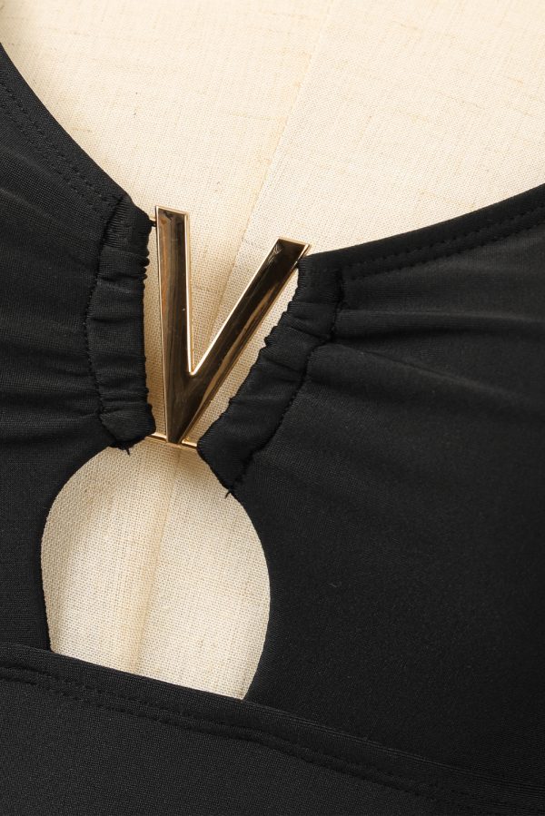 Black Spaghetti Straps Metal V Decor One-Piece Swimsuit - Image 7