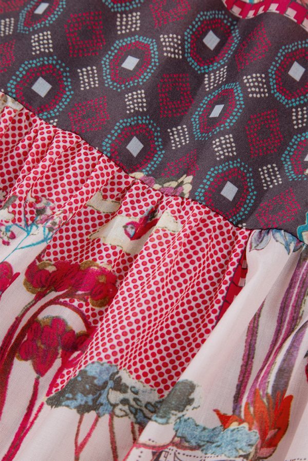 Red Boho Geometric Mixed Print Patchwork Bubble Sleeve Shirt - Image 11