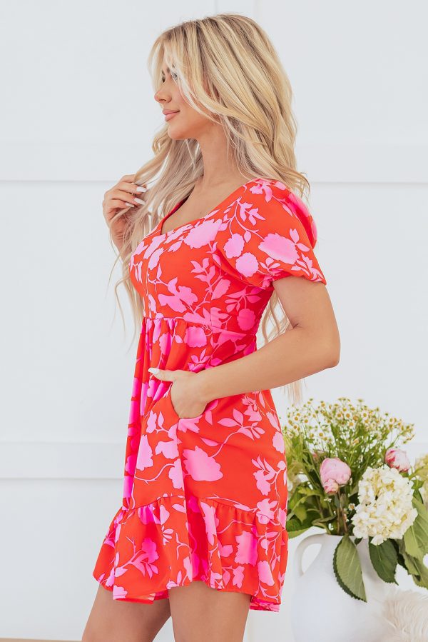 Red Floral Bubble Sleeve Sweetheart Neck Ruffled Mini Dress - Image 3