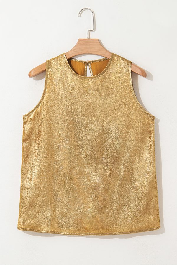 Gold Metal Textured Round Neck Casual Tank Top - Image 4