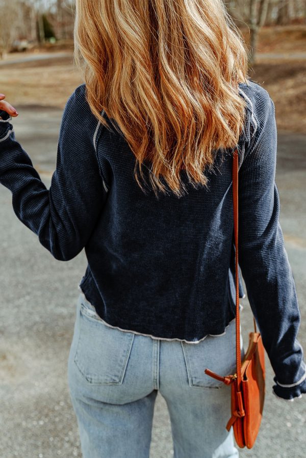Black Textured Round Neck Long Sleeve Top - Image 22