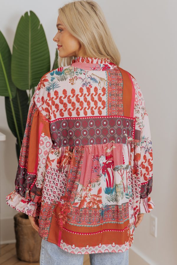 Red Boho Geometric Mixed Print Patchwork Bubble Sleeve Shirt - Image 5