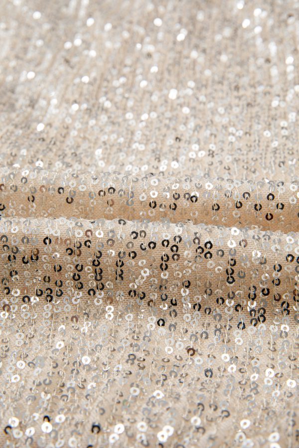 Beige Sequin Long Sleeve Wrap V Neck Bodysuit - Image 7