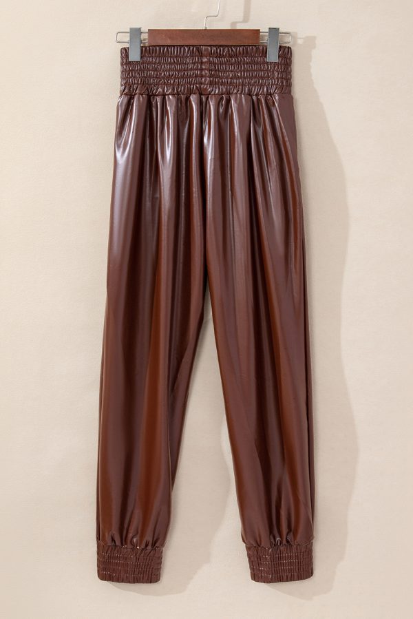 Black Smocked High-Waist Leather Skinny Pants - Image 8