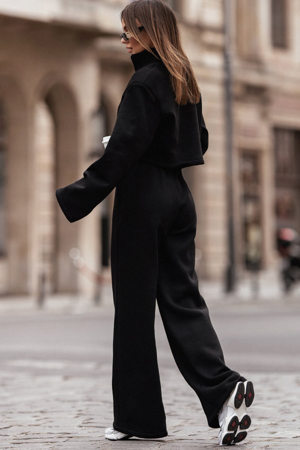 Black Zipped Collared Crop Top and Wide Leg Pants Set - Image 2