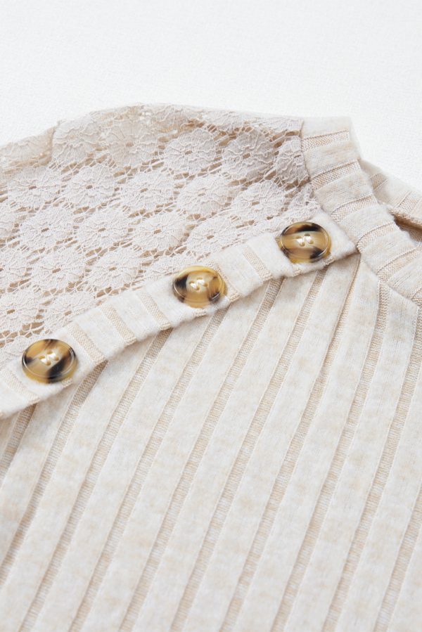Parchment Contrast Lace Raglan Sleeve Buttoned Ribbed Top - Image 13