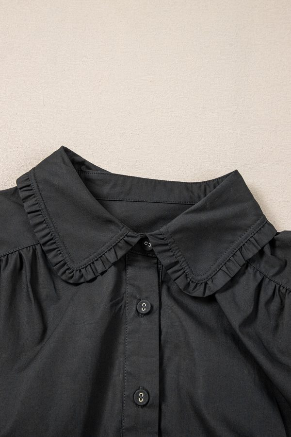 Black Shirt Style Button Down Puff Sleeve Ruffle Hem Dress - Image 9