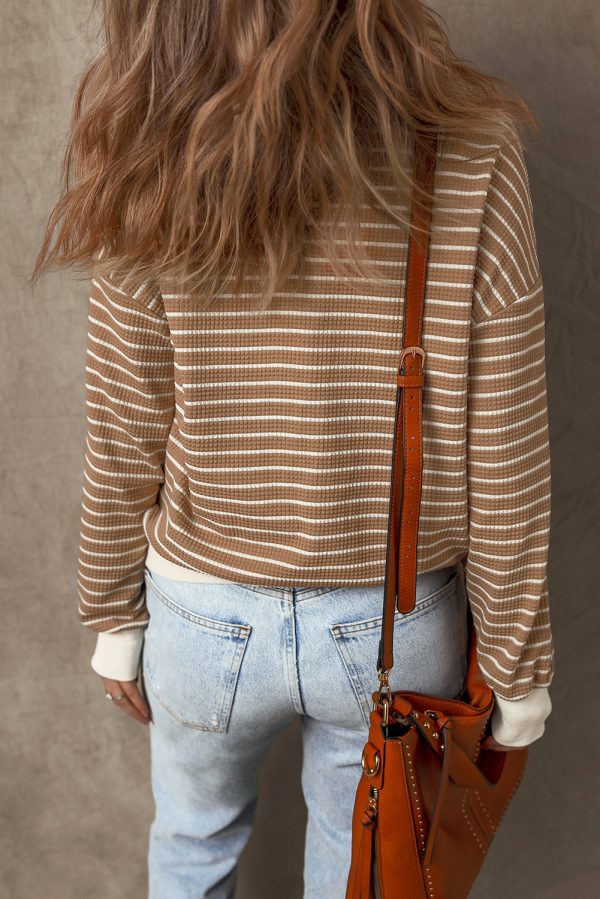 Khaki Stripe Patched Edge Textured Round Neck Long Sleeve Top - Image 2