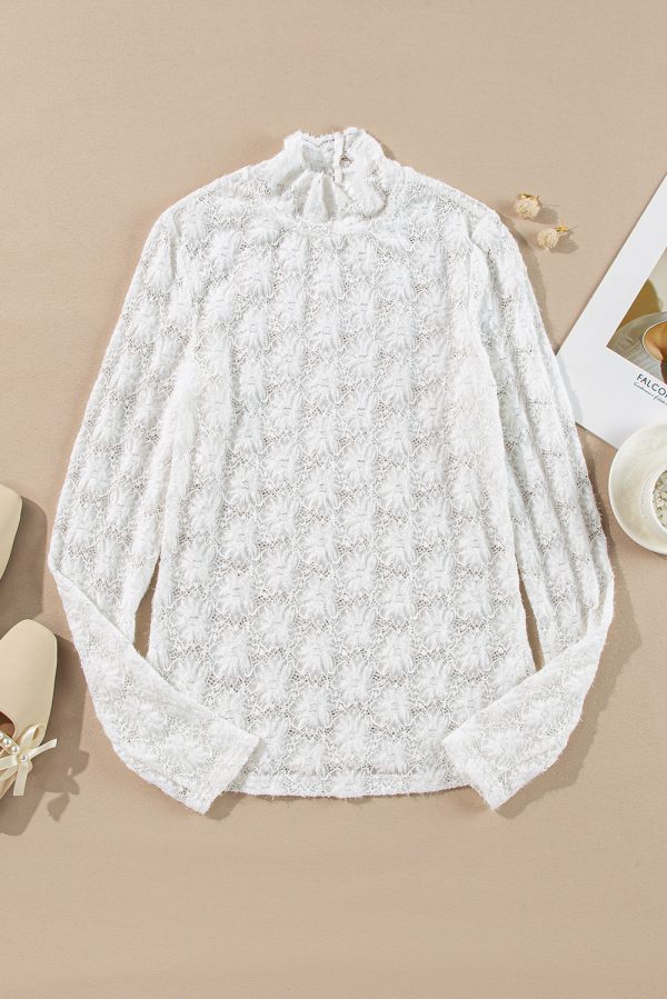 White Floral Lace High Neck Long Sleeve Top - Image 6