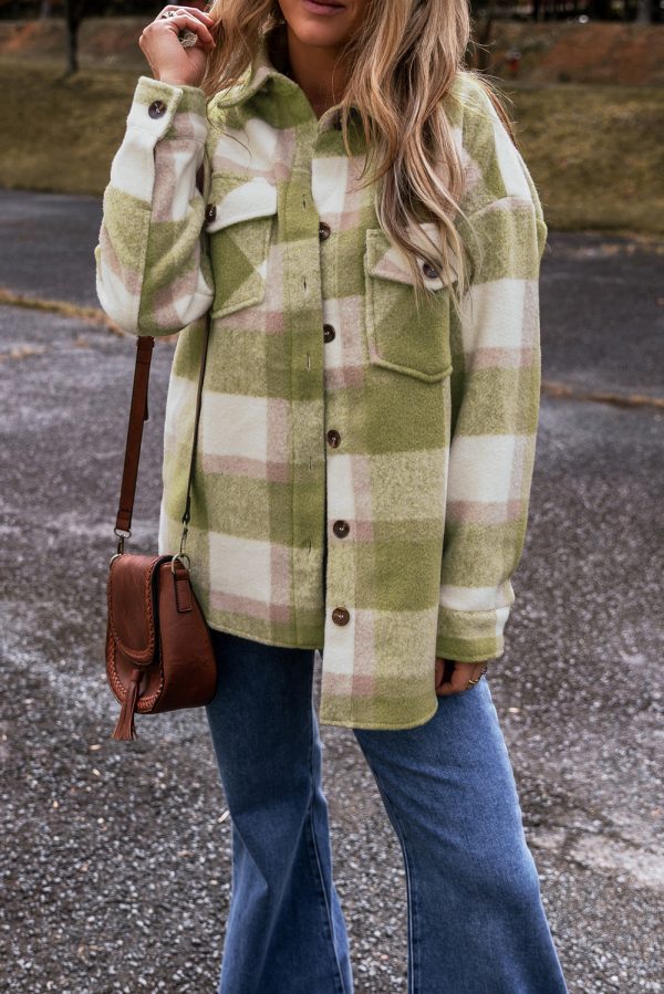 Sage Green Plaid Print Buttoned Flap Pockets Baggy Shacket - Image 3