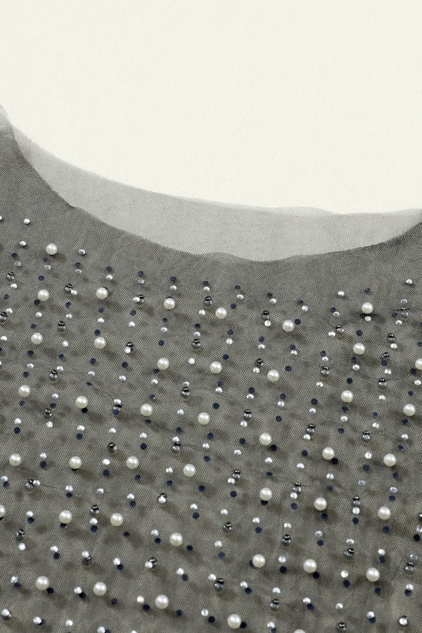 Black Pearl and Rhinestone Detail Sheer Mesh Top - Image 8