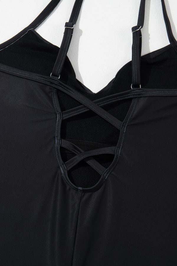 Black Petal Print Crisscross Back Spaghetti Straps Swimsuit - Image 12