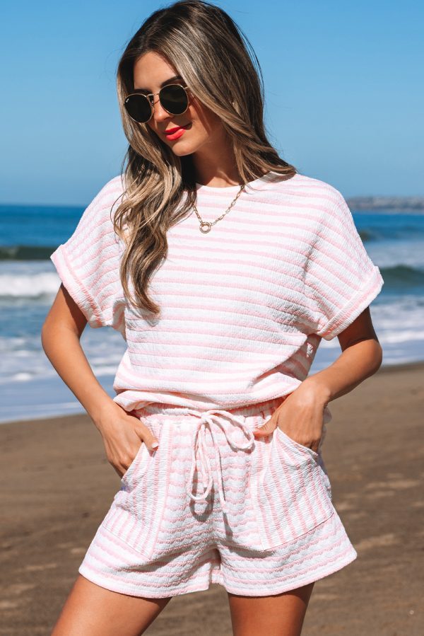 Pink Stripe Knitted Short Sleeve Top and Drawstring Shorts Set - Image 3