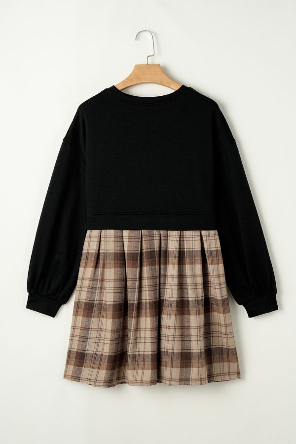 Black Plaid Patchwork High Waist Sweatshirt Mini Dress - Image 6