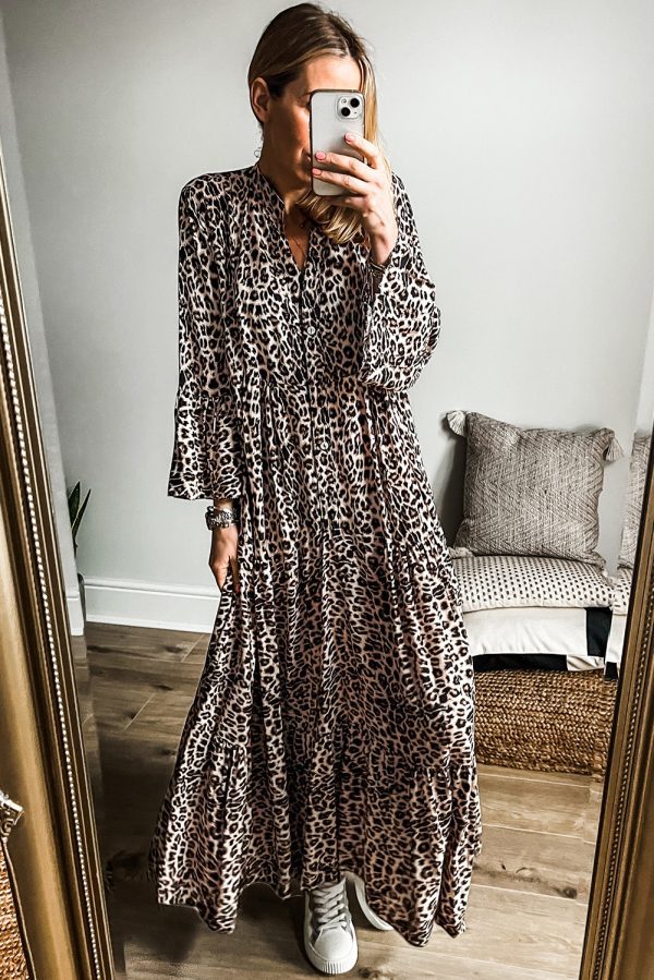 Apricot Leopard Print Tiered Wide Sleeve Maxi Dress - Image 3