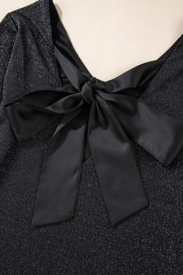 Black Metallic Bowknot Open Back V Neck Top - Image 6