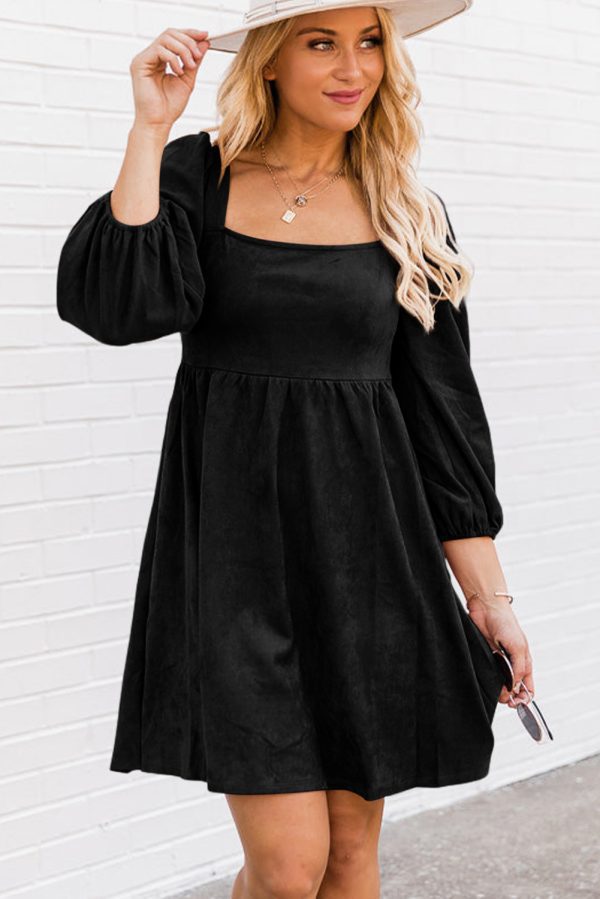 Black Suede Square Neck Puff Sleeve Dress - Image 3