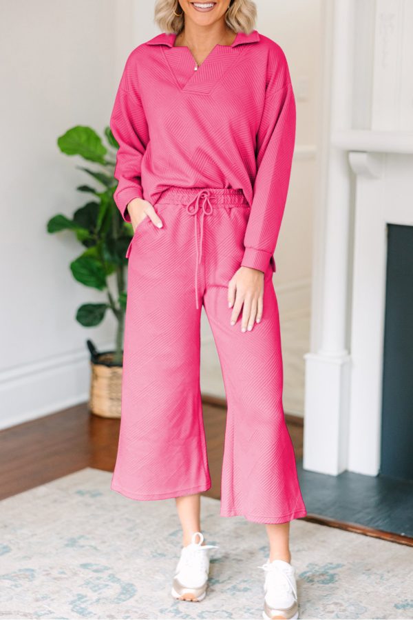 Light Grey Solid Textured Collared V Neck Top and Wide Leg Pants Set - Image 19