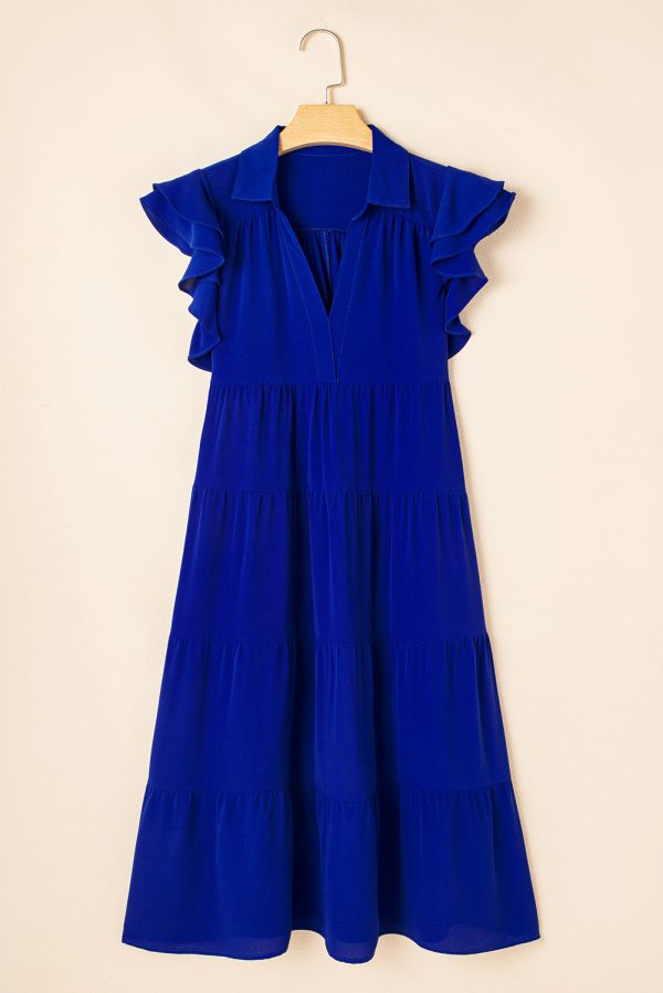 Bluing Ruffled Short Sleeve Collared V Neck Tiered Midi Dress - Image 5