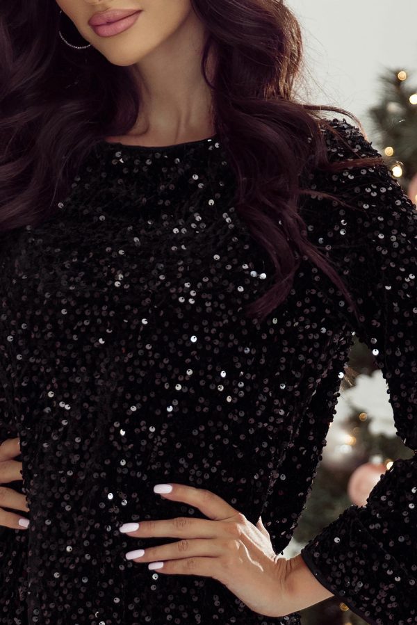 Black Sequin Long Sleeve Knot Cutout Back Mini Dress - Image 4