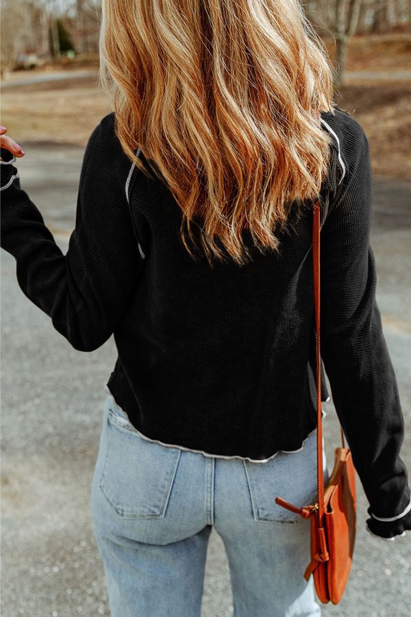 Black Textured Round Neck Long Sleeve Top - Image 2