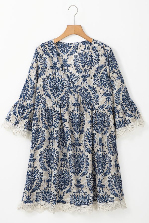 Sky Blue Vintage Printed Lace Trim V Neck 3/4 Sleeve Loose Dress - Image 4