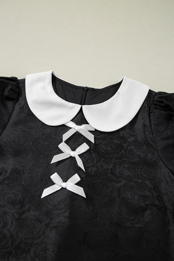 Black Floral Embossed Puff Sleeve Colorblock Bow Collared Mini Dress - Image 6
