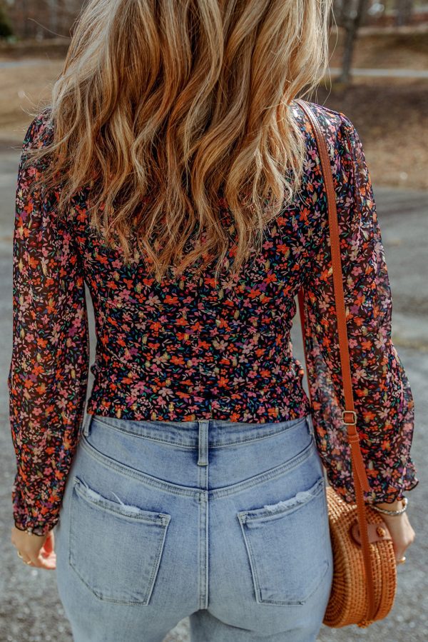 Black V Neck Bubble Sleeve Floral Blouse - Image 2