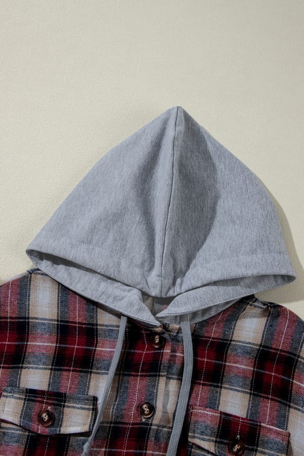 Red Plaid Print Chest Pocket Buttoned Hooded Shacket - Image 8